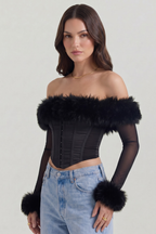 Blair Long-Sleeve Corset with Feather Details